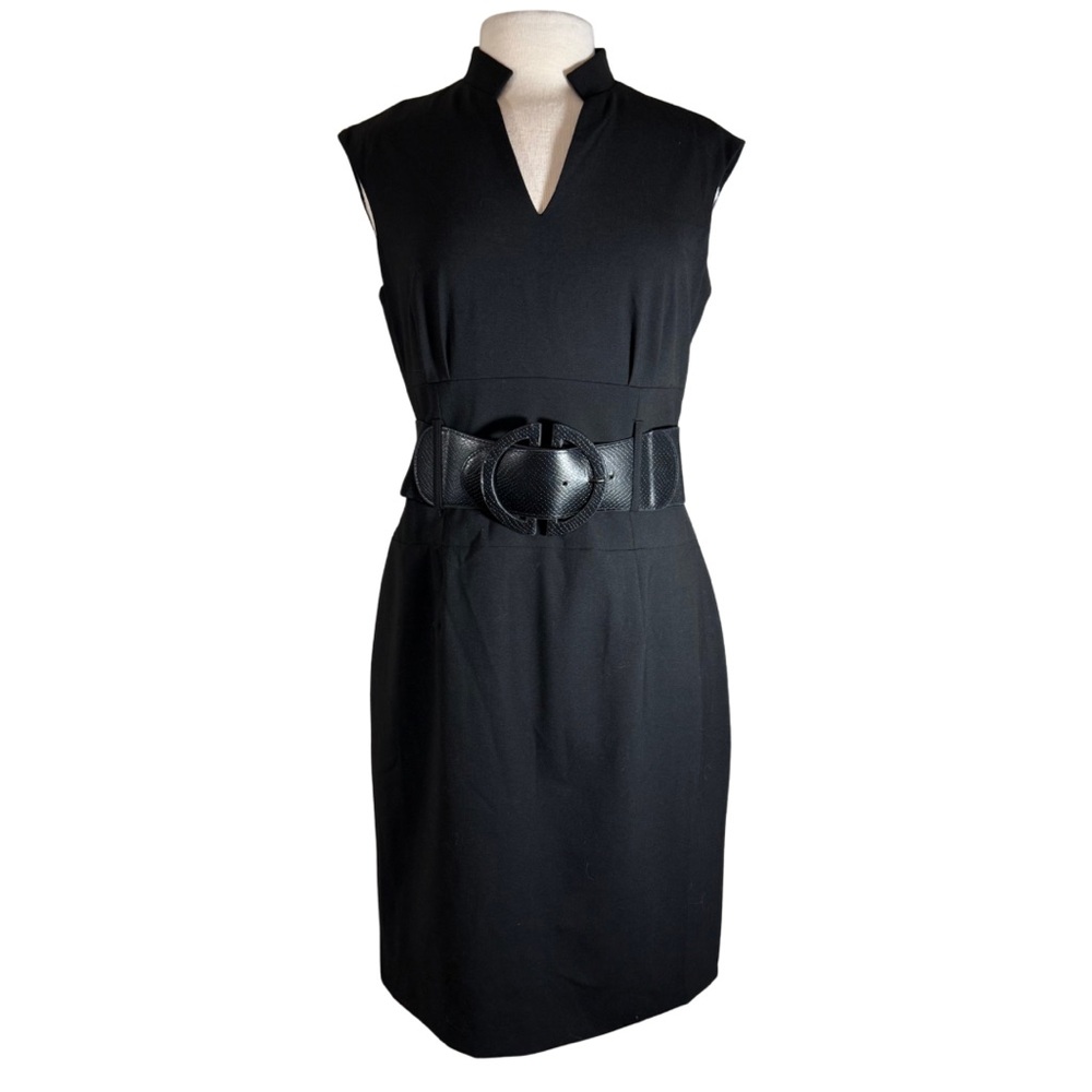 ANTONIO MELANI Sz 8 Black Dress Belted Above Knee V Neck Collared - Picture 2 of 9